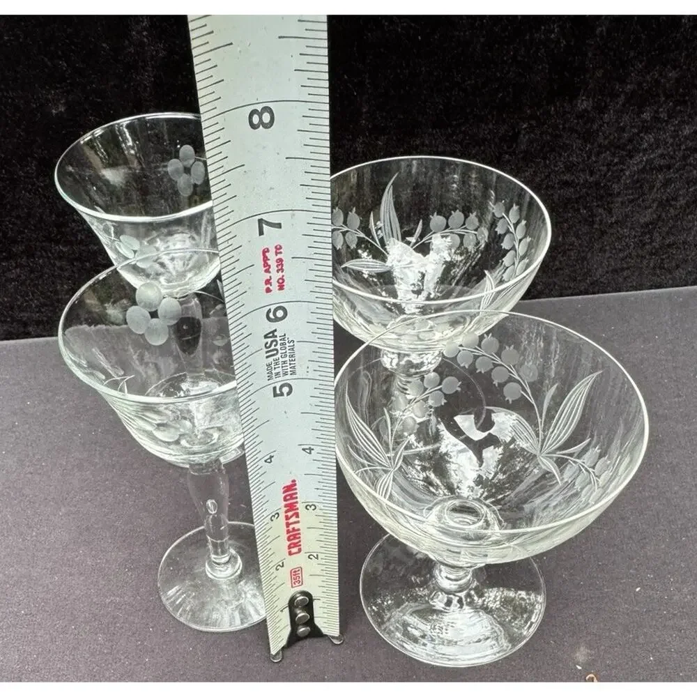 Vintage 1950’s Etched Floral Grape Stemware Dessert & Sherry Glasses -8/28